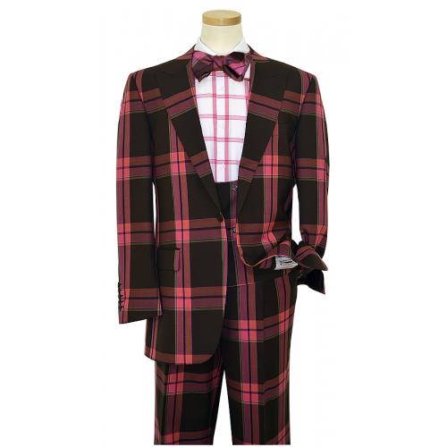 Steven Land Fuchsia / Chocolate Brown / Tan Plaid Design Super 150's Wool Suit with Matching Bowtie SL1205